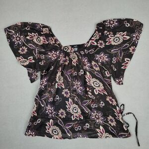 Y2K Rue 21 Sheer Floral Top Women Medium Black Flutter Sleeve Cold Shoulder Boho